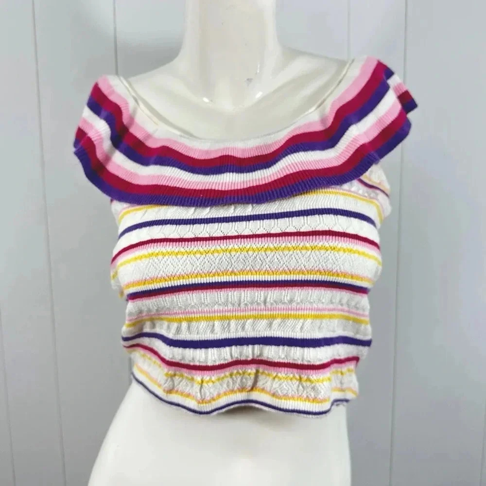 NWT Emily Wonder Sz S Women Multicolor Striped Cropped Top Shirt Open Shoulder